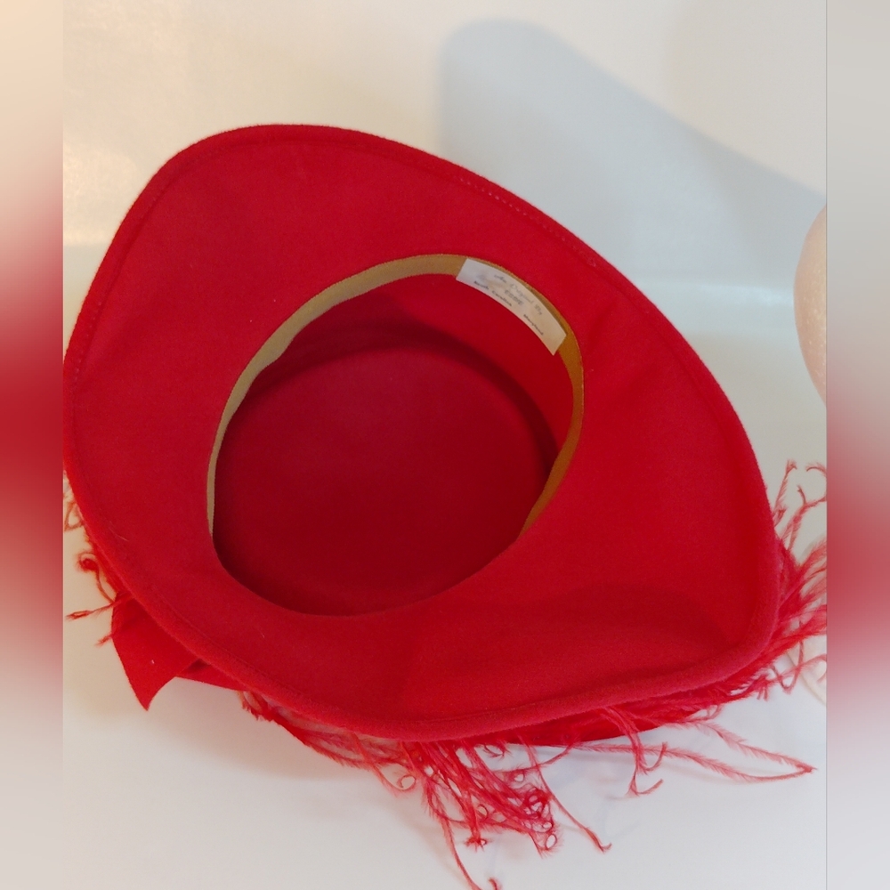 Elegant Red Wide-Brim Felt Hat with Feather Accent - Picture 6 of 12